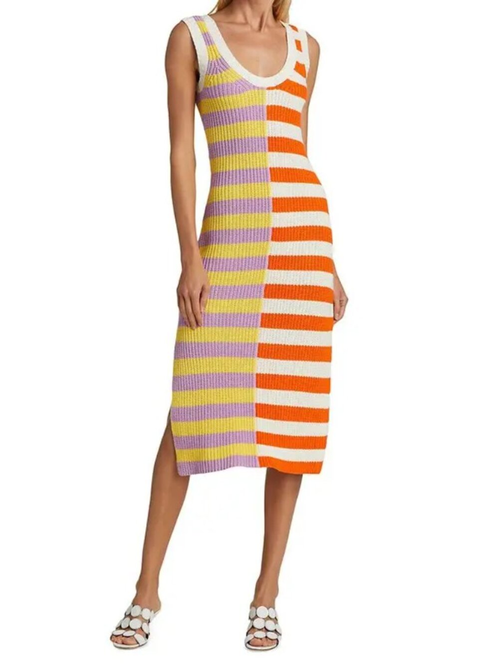 STAUD Striped Midi Dress in Orange, Lavender & White